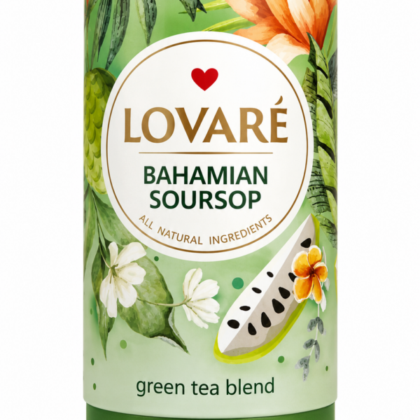 LOVARÉ Bahamian Soursop – Zielona Herbata Premium z Owocem Flaszowca w Eleganckiej Puszce