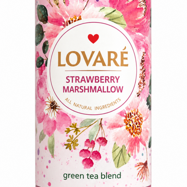 LOVARÉ Strawberry Marshmallow – Zielona Herbata Premium z Truskawką i Pianką Marshmallow w Eleganckiej Puszce